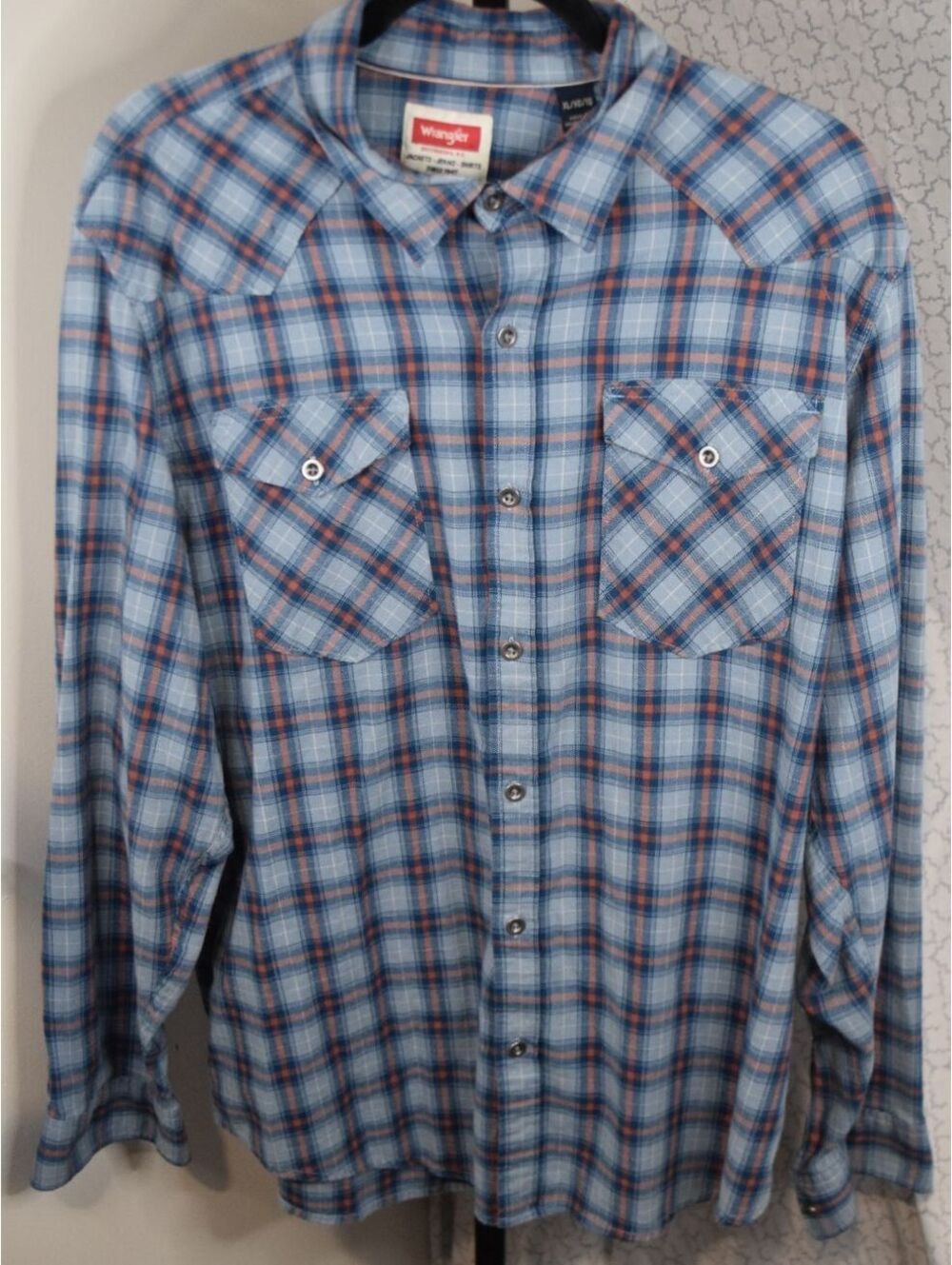 Wrangler XL Blue Orange Plaid Western Pearl Snap Long Sleeve Flannel Shirt